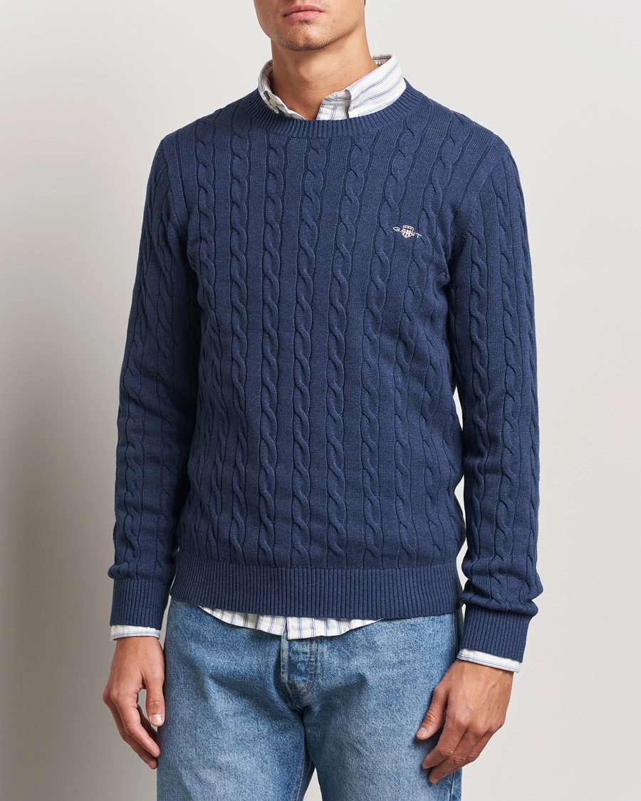 Homme |  | GANT | Cotton Cable Crew Neck Dark Jeans Blue Melange