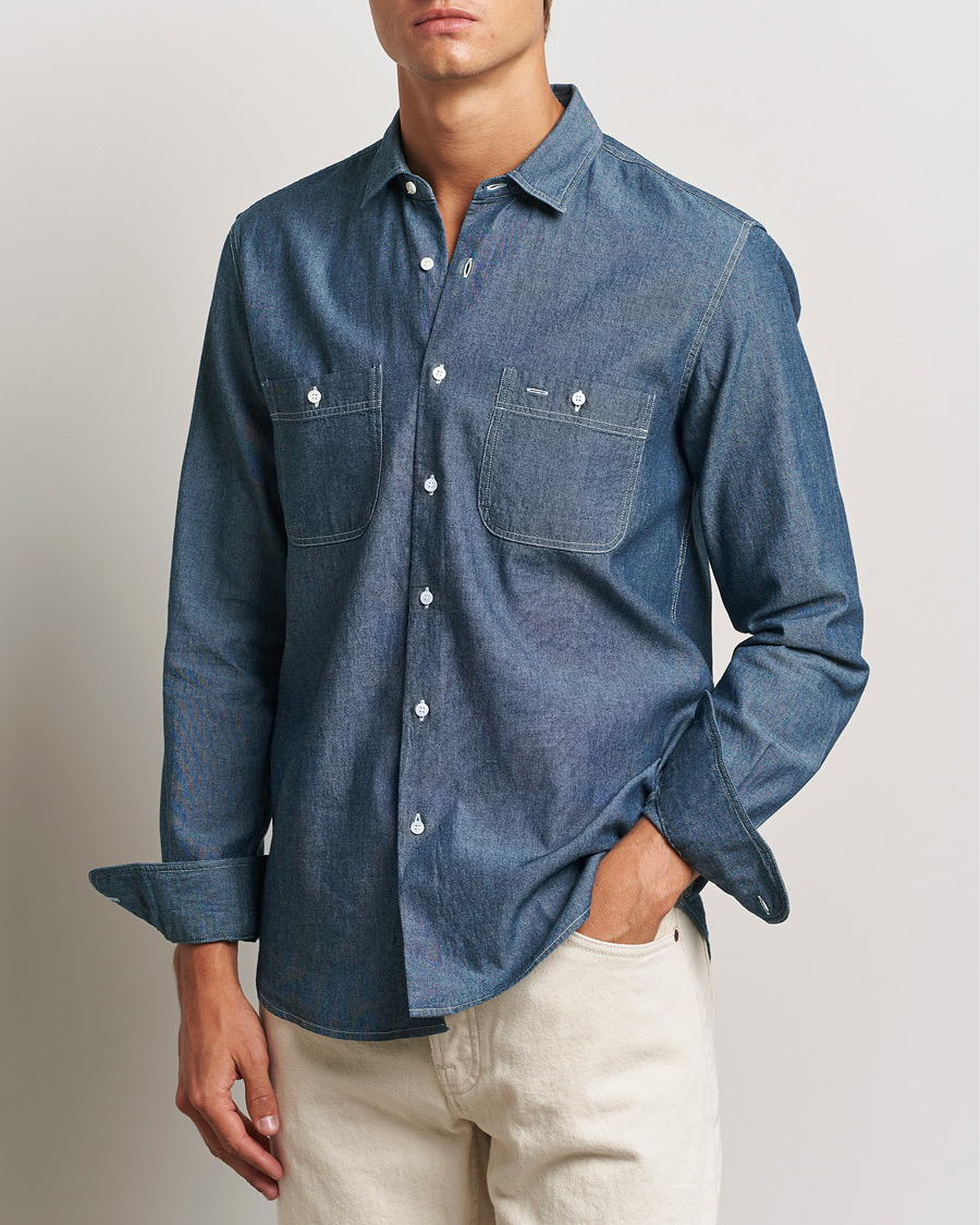 Homme | Chemises En Denim | Aspesi | Double Pocket Chambray Shirt Dark Wash