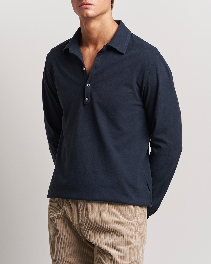 Homme |  | Massimo Alba | Ischia Cotton/Cashmere Long Sleeve Polo Navy