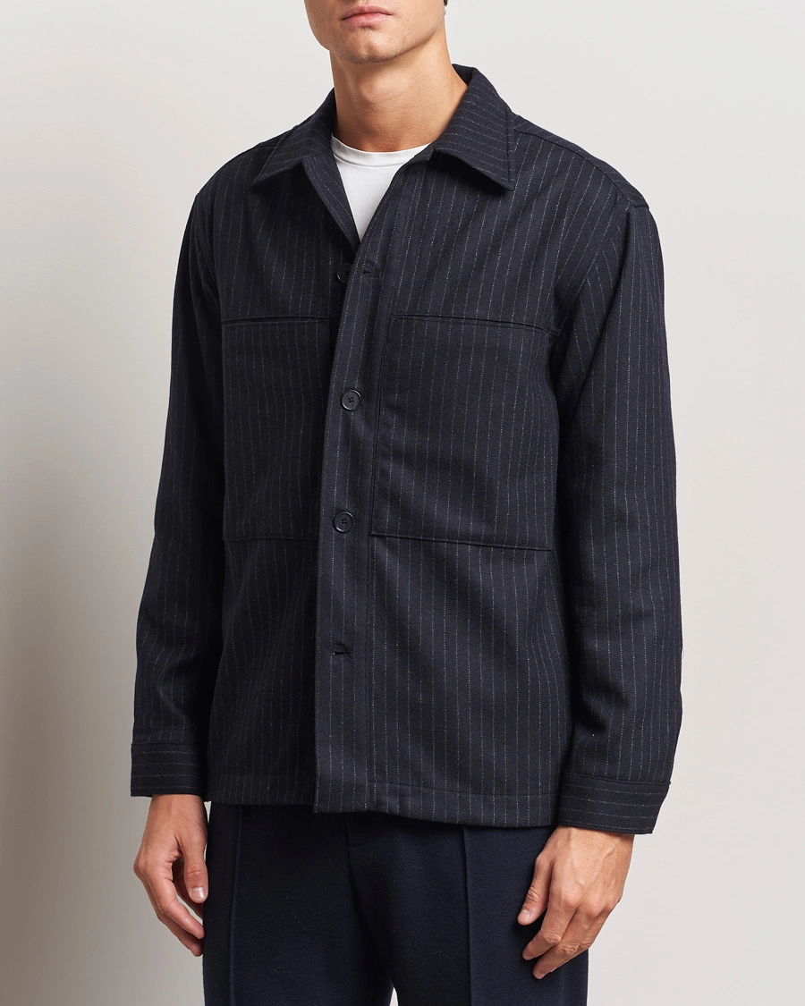 Homme |  | NN07 | Isak Wool Overshirt Navy Blue Pinstripe