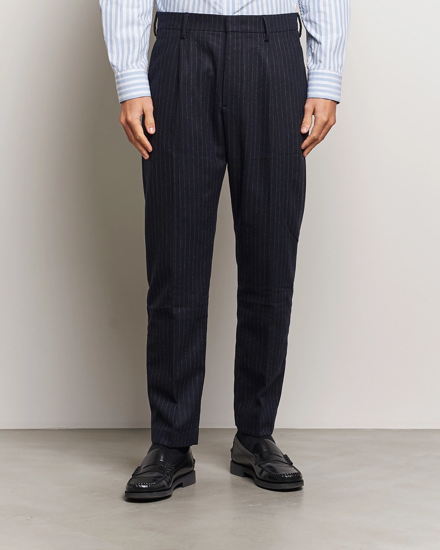 Homme |  | NN07 | Bill Wool Pleated Trousers Navy Blue Pinstripe