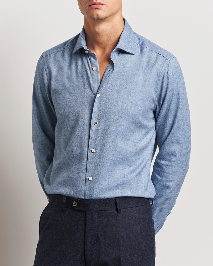 Homme |  | Stenströms | Slimline Brushed Cotton/Lyocell Cut Away Shirt Blue