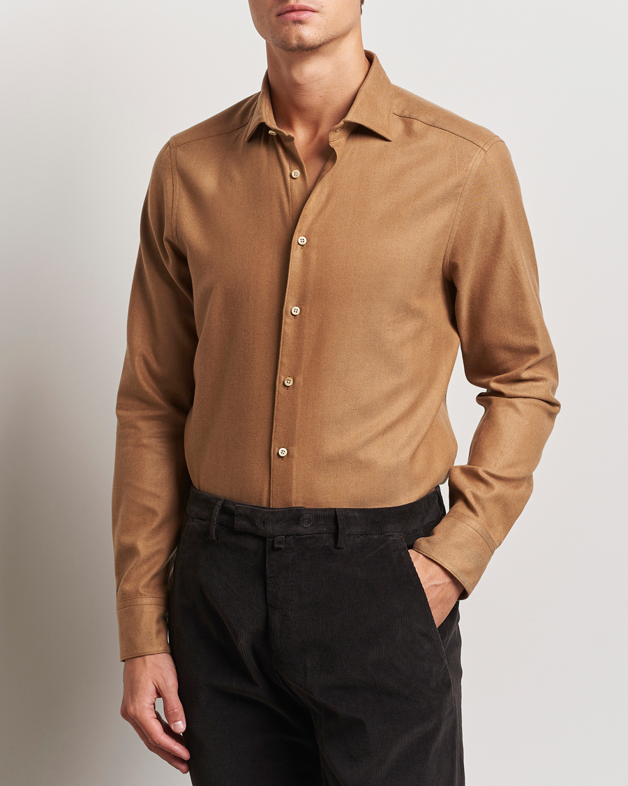 Homme |  | Stenströms | Slimline Brushed Cotton/Lyocell Cut Away Shirt Brown