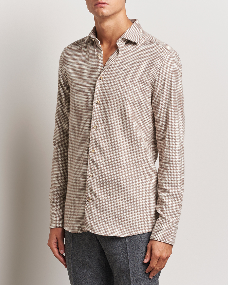 Homme |  | Stenströms | Slimline Flannel Houndstooth Shirt Light Brown