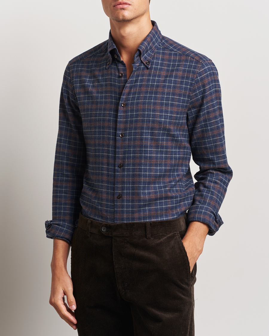 Homme |  | Stenströms | Slimline Small Check Flannel Shirt Dark Blue