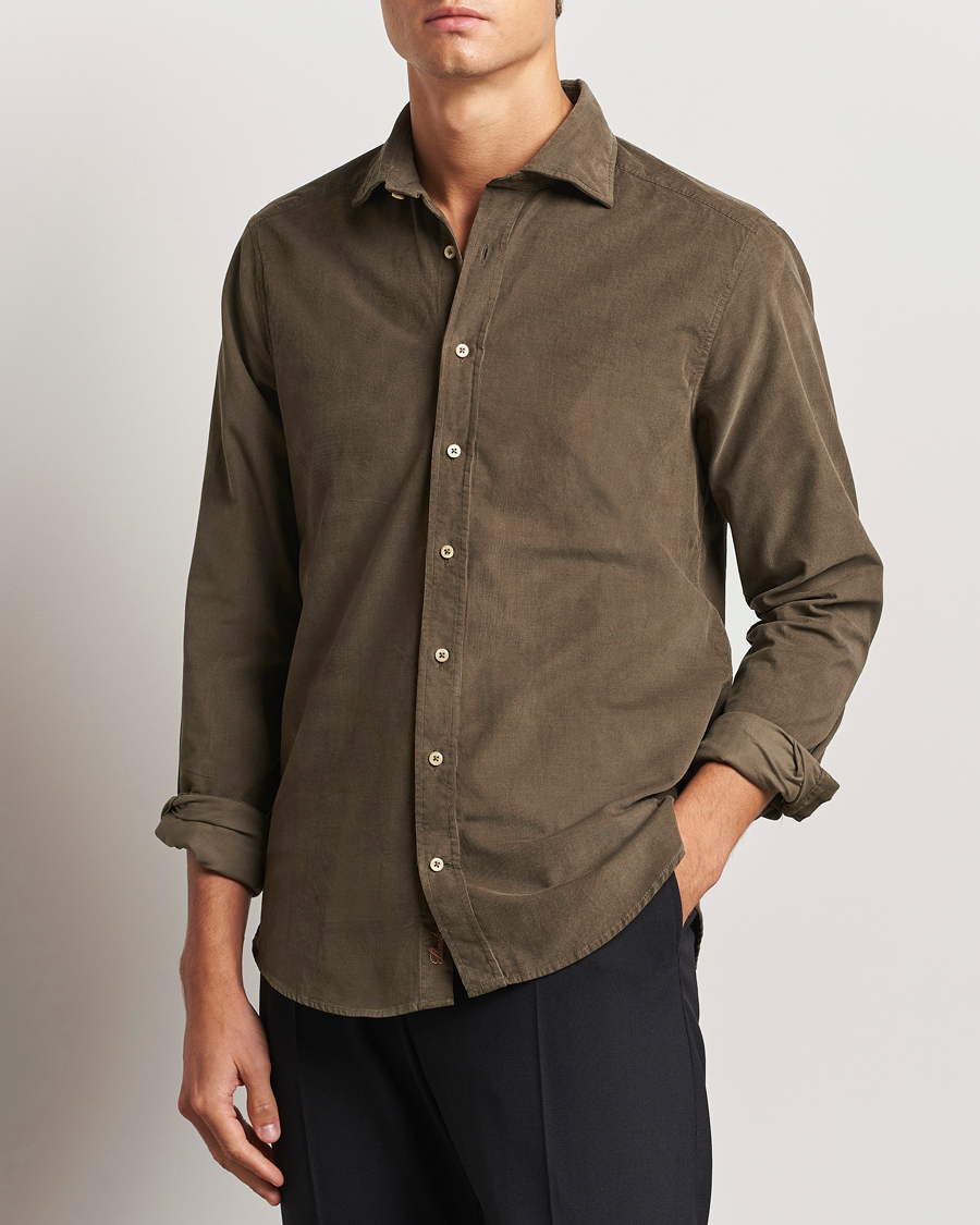 Homme |  | Stenströms | Slimline Cut Away Cord Shirt Dark Green