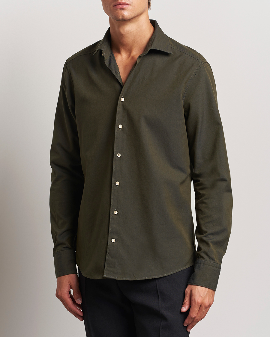 Homme |  | Stenströms | Slimline Cut Away Washed Twill Shirt Dark Green