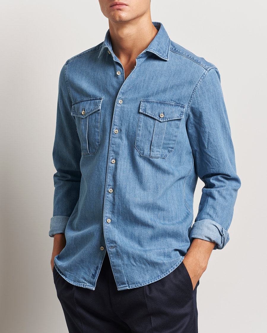 Homme |  | Stenströms | Slimline Double Pocket Denim Shirt Blue