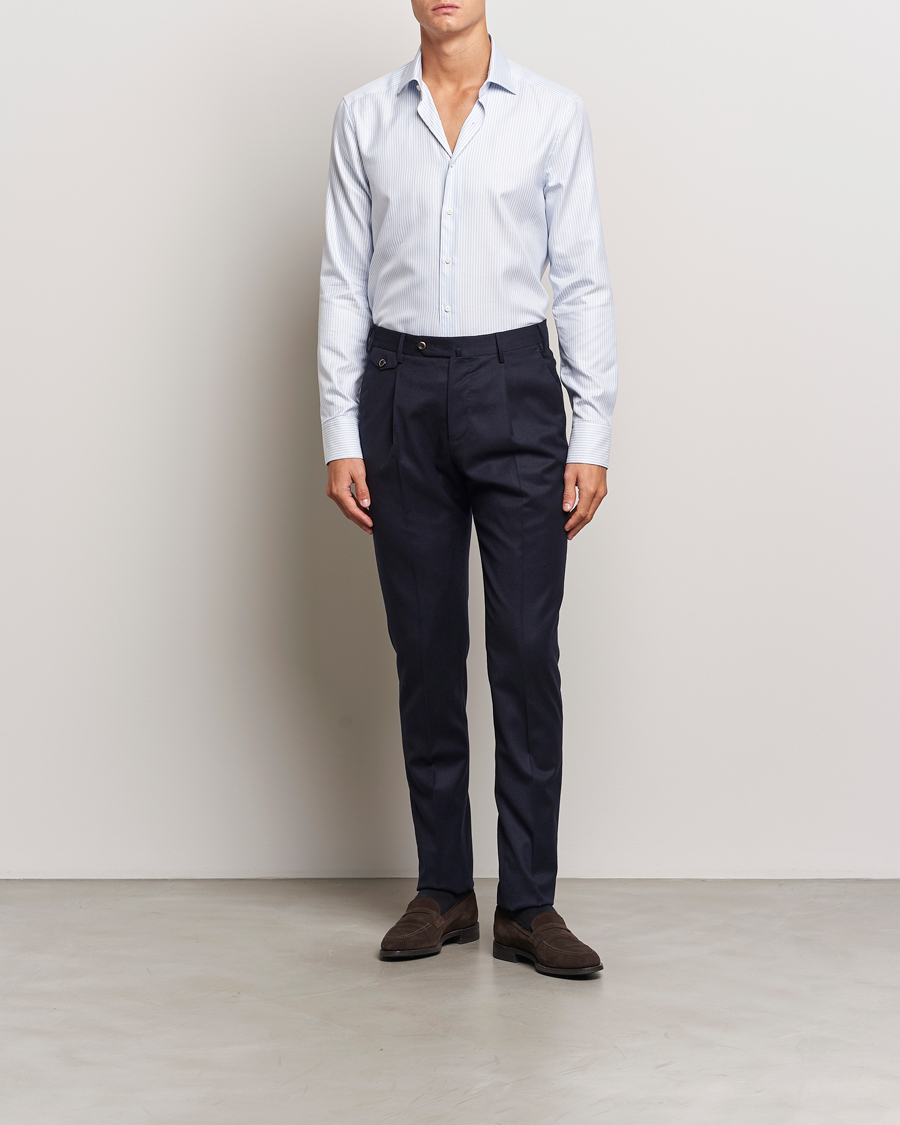 Homme |  | Stenströms | Slimline Striped Twill Cut Away Shirt White/Blue