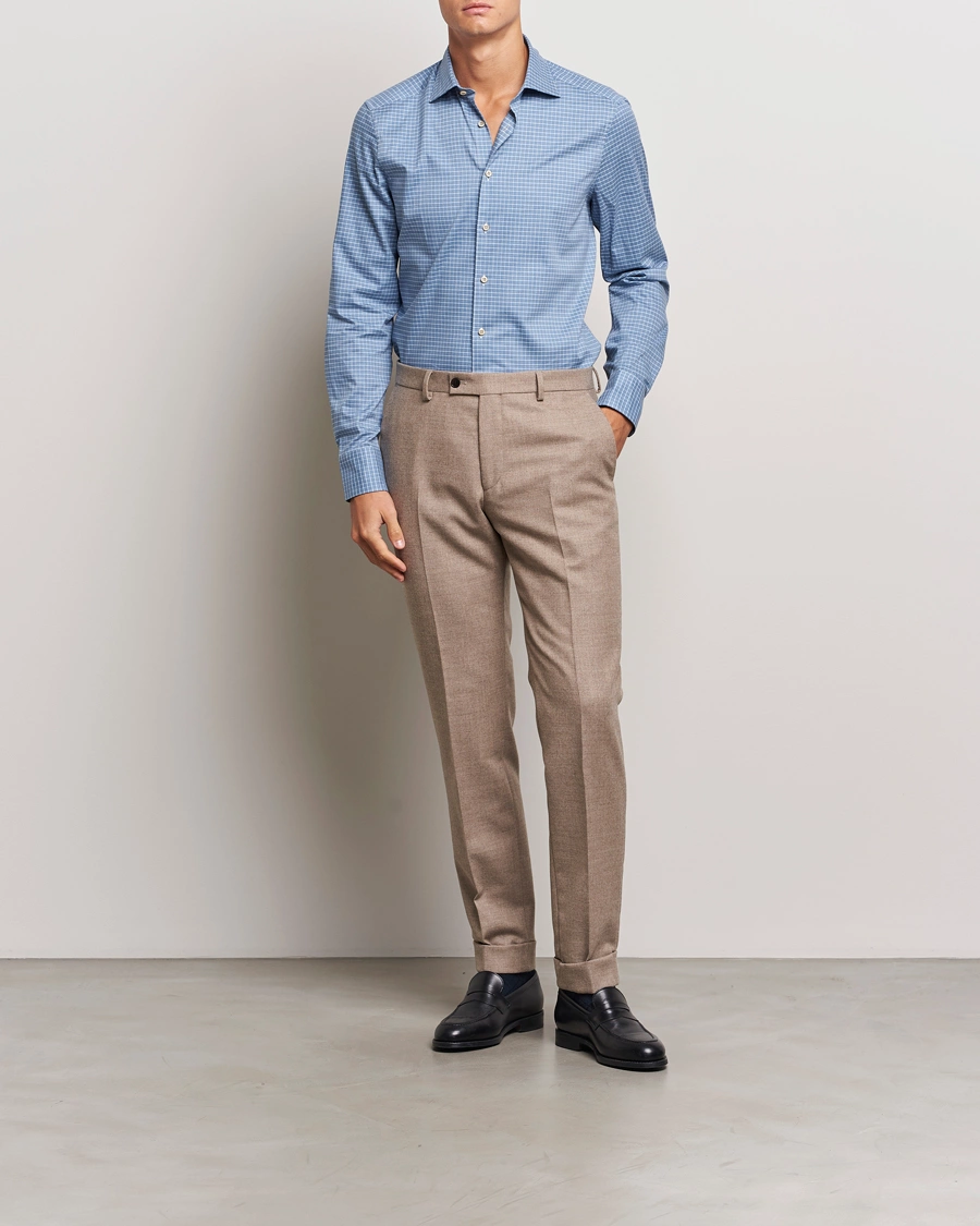 Homme |  | Stenströms | Slimline Melange Check Cut Away Shirt Blue