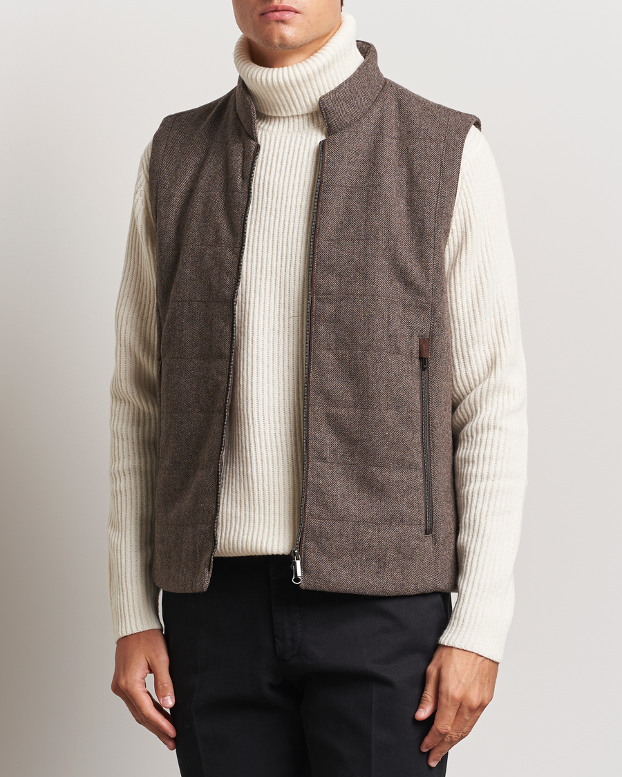 Homme |  | Stenströms | Alcantara Detail Herringbone Wool Vest Dark Brown