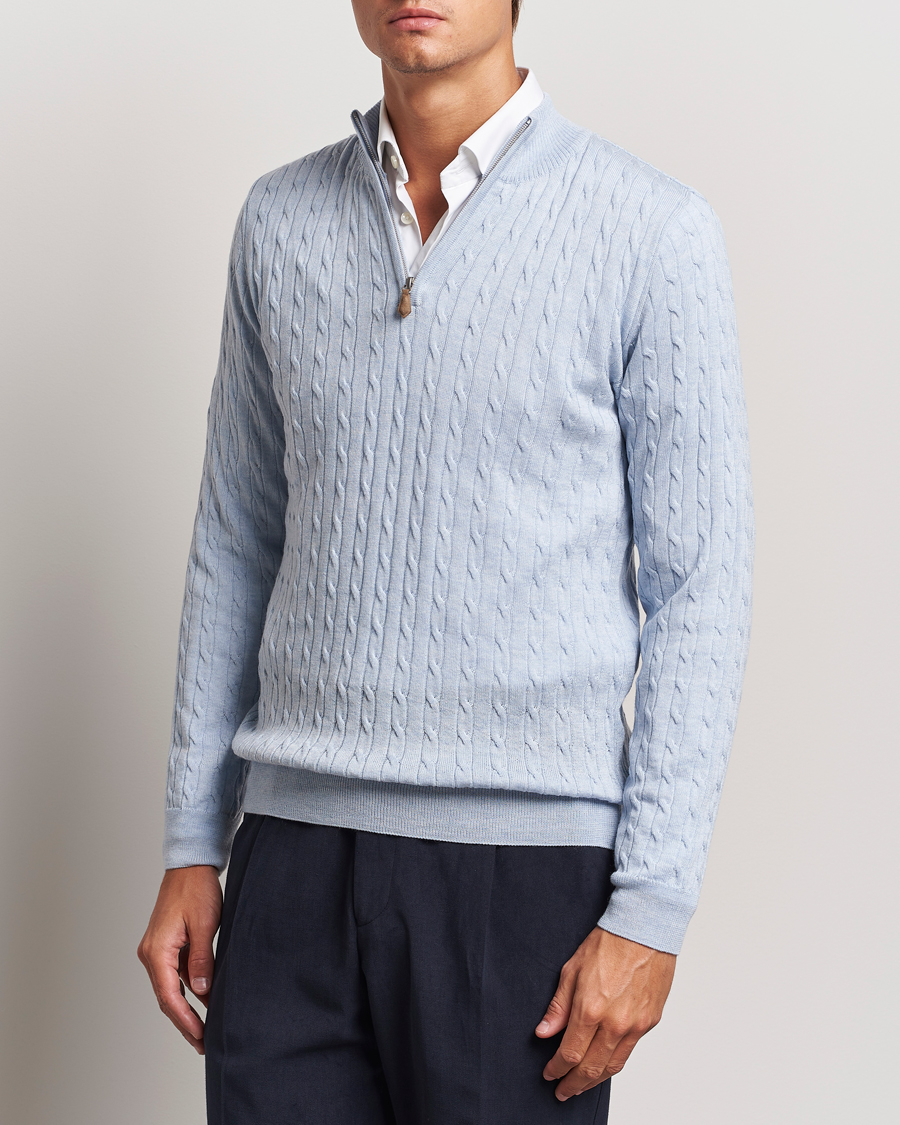 Homme |  | Stenströms | Merino Cable Half Zip Light Blue