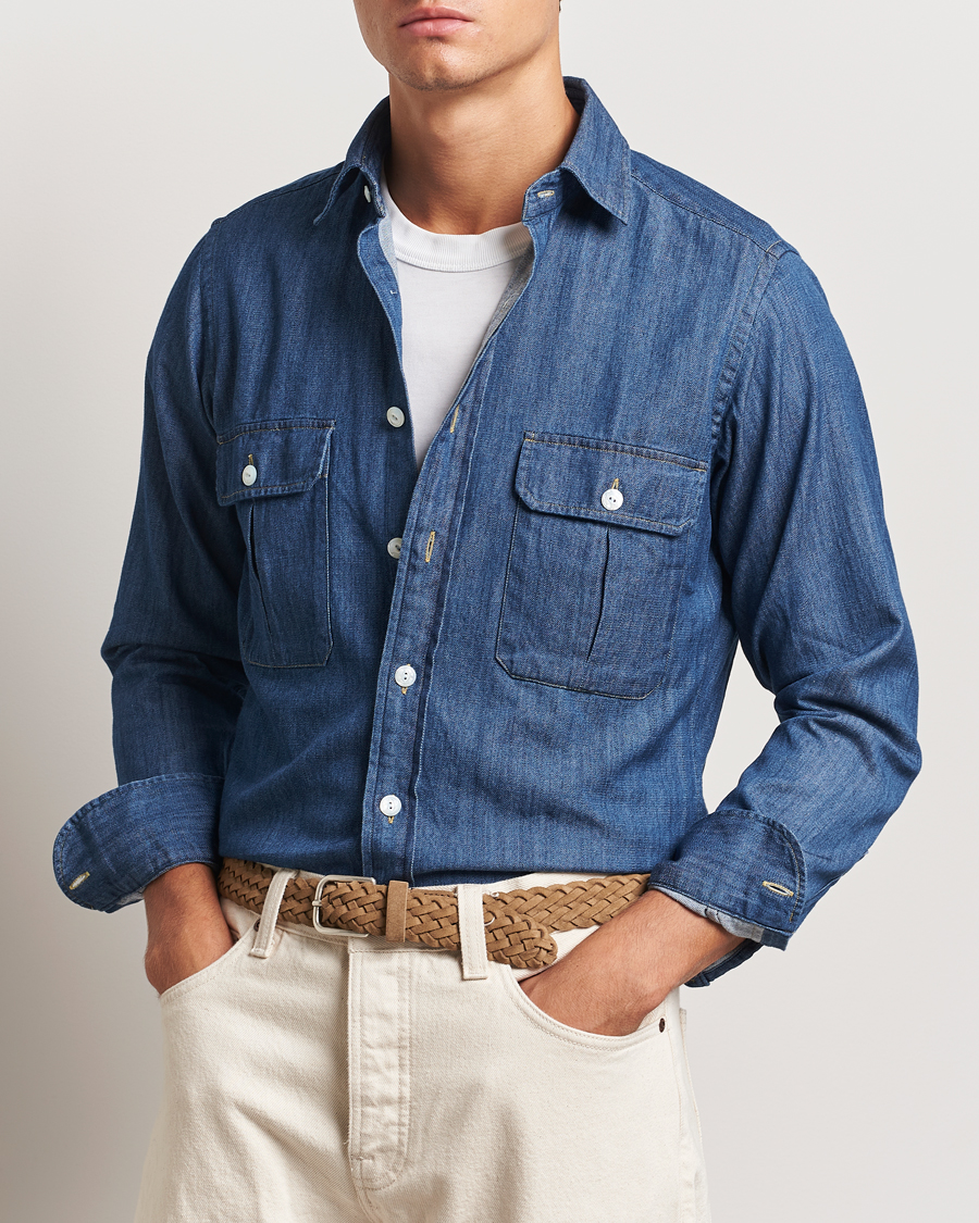 Homme |  | Drake\'s | Denim Cotton Two Pocket Work Shirt Mid Blue