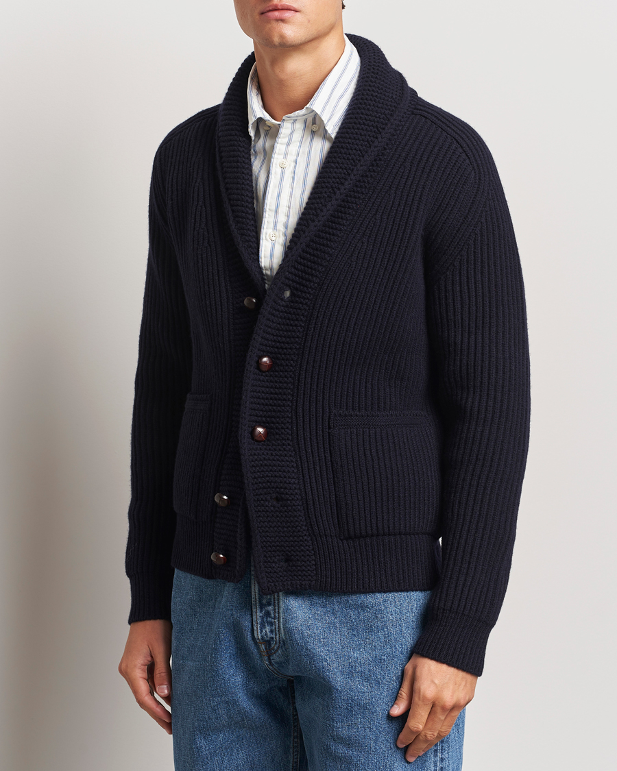 Homme |  | Drake\'s | Lambswool 6-Ply Shawl Collar Cardigan Navy