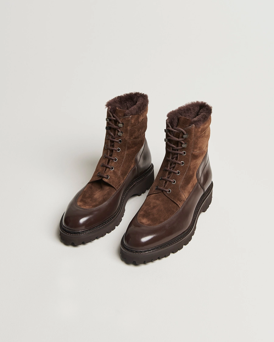 Homme |  | John Lobb | Peak Shearling Lined Boots Dark Brown