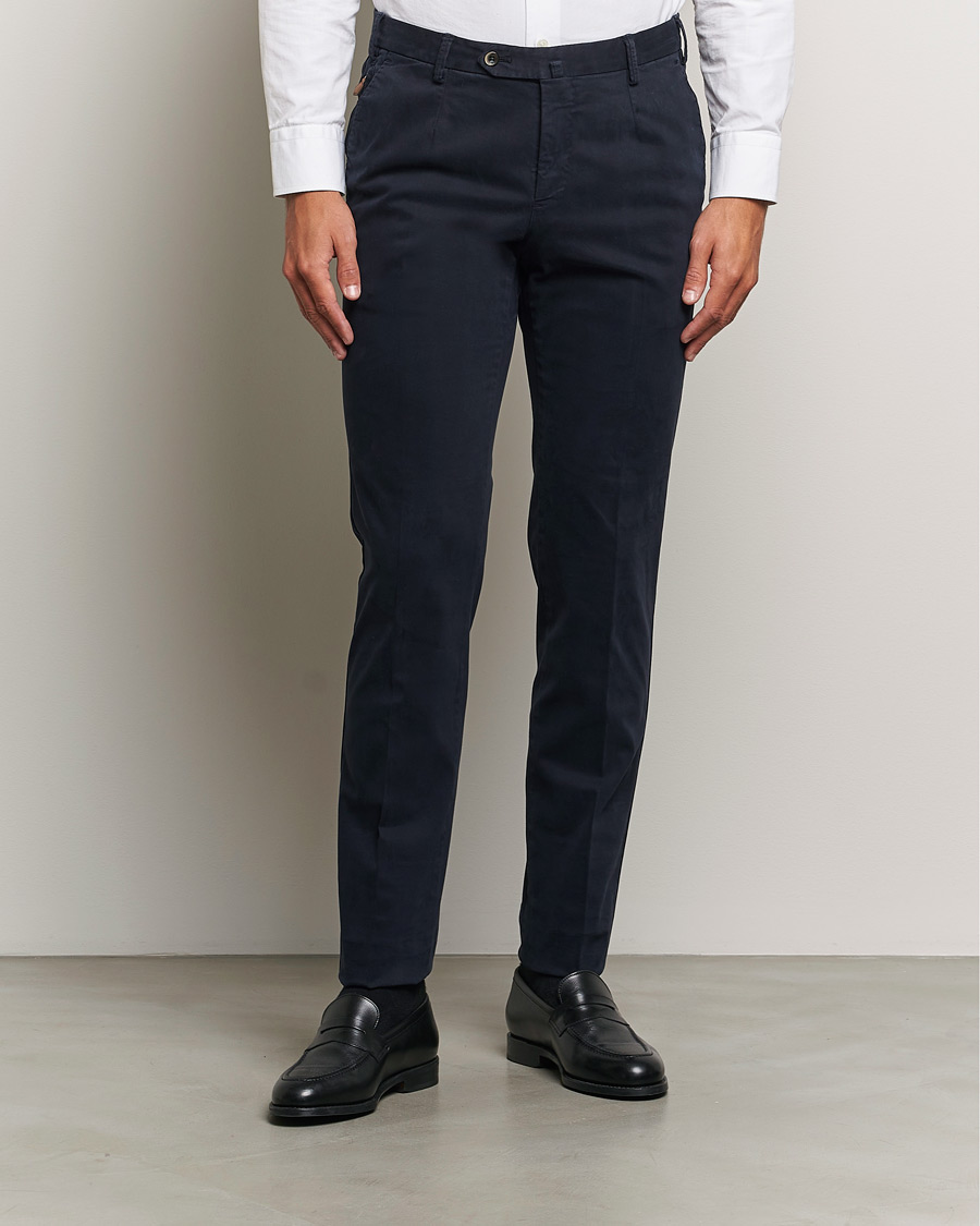 Homme |  | PT01 | Slim Fit Pleated Cotton Trousers Navy