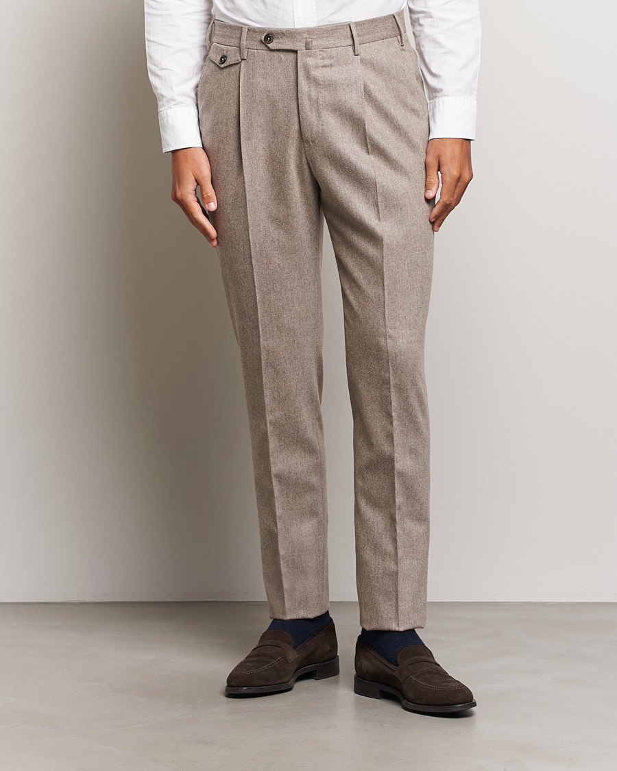 Homme |  | PT01 | Slim Fit Pleated Wool/Cashmere Trousers Beige