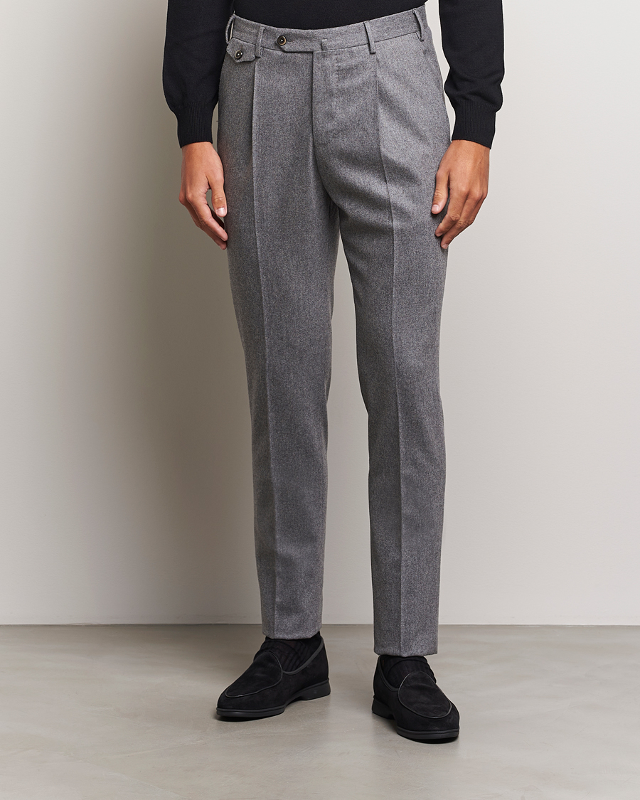 Homme |  | PT01 | Slim Fit Pleated Wool/Cashmere Trousers Grey Melange