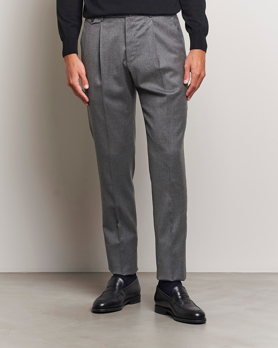 Homme |  | PT01 | Slim Fit Pleated Flannel Trousers Grey Melange