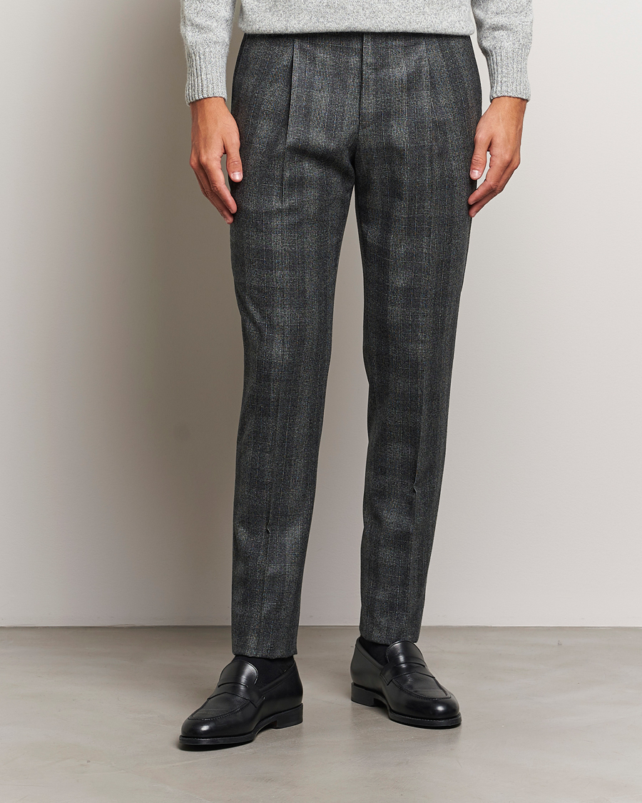 Homme |  | PT01 | Slim Fit Pleated Checked Flannel Trousers Grey