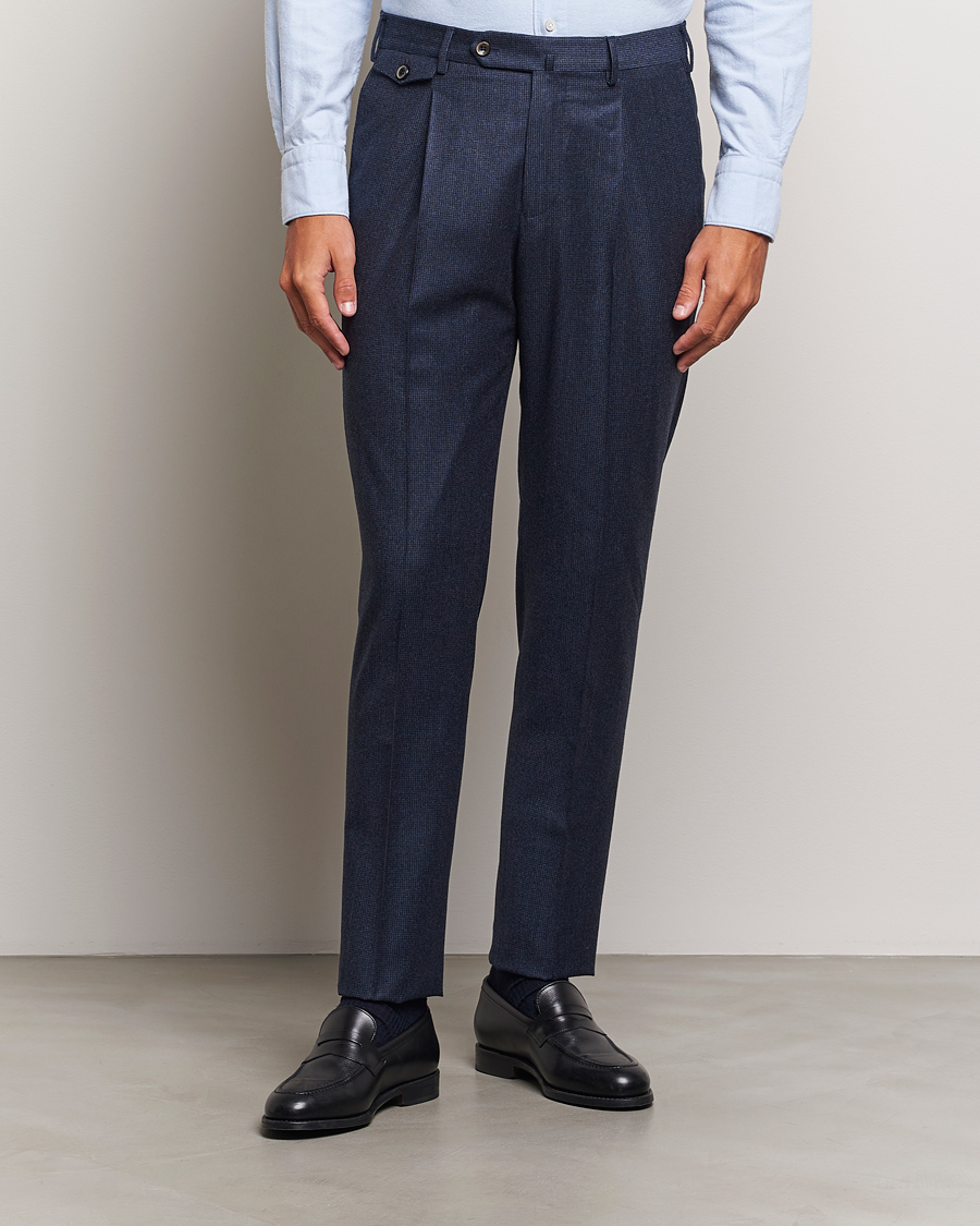 Homme | Vêtements | PT01 | Slim Fit Pleated Houndstooth Flannel Trousers Navy