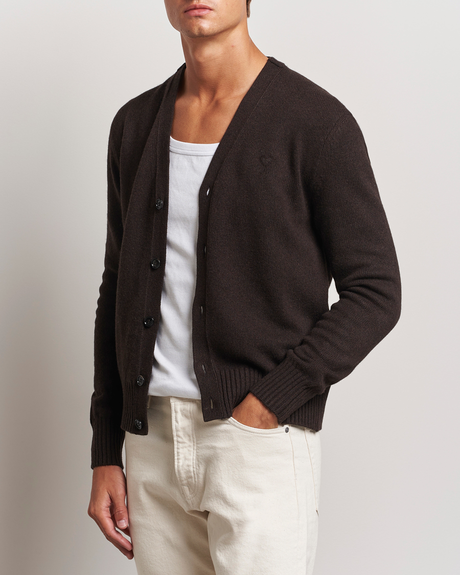 Homme |  | AMI | Tonal Heart Logo Wool Cardigan Dark Coffee