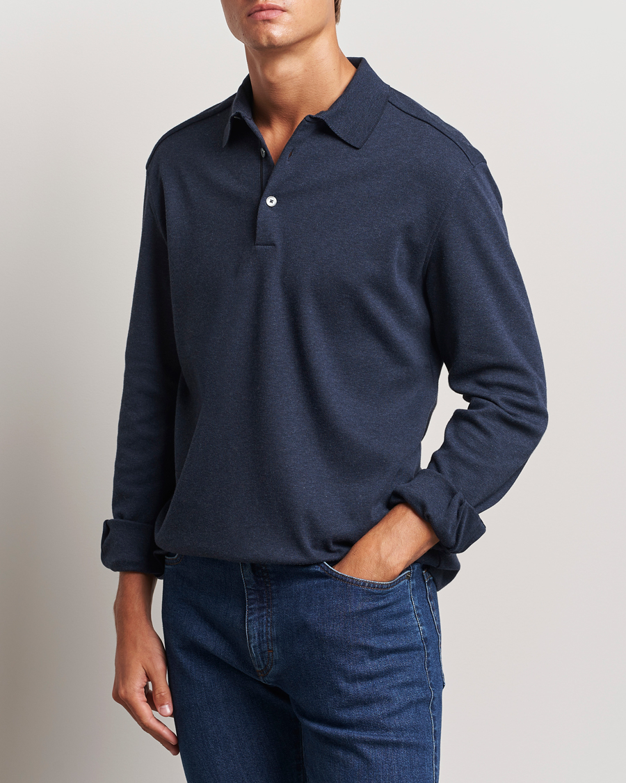 Homme |  | Zegna | Soft Cotton Long Sleeve Polo Navy