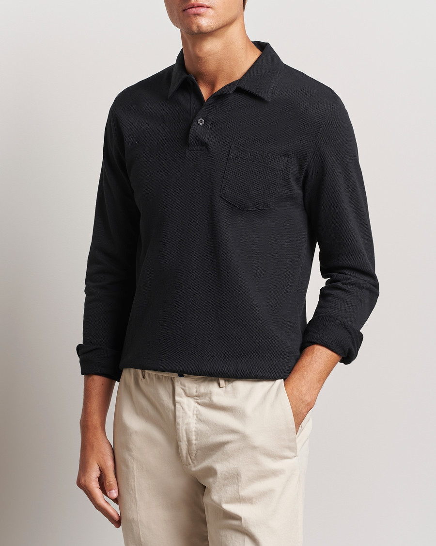 Homme |  | Sunspel | Riviera Long Sleeve Polo Black