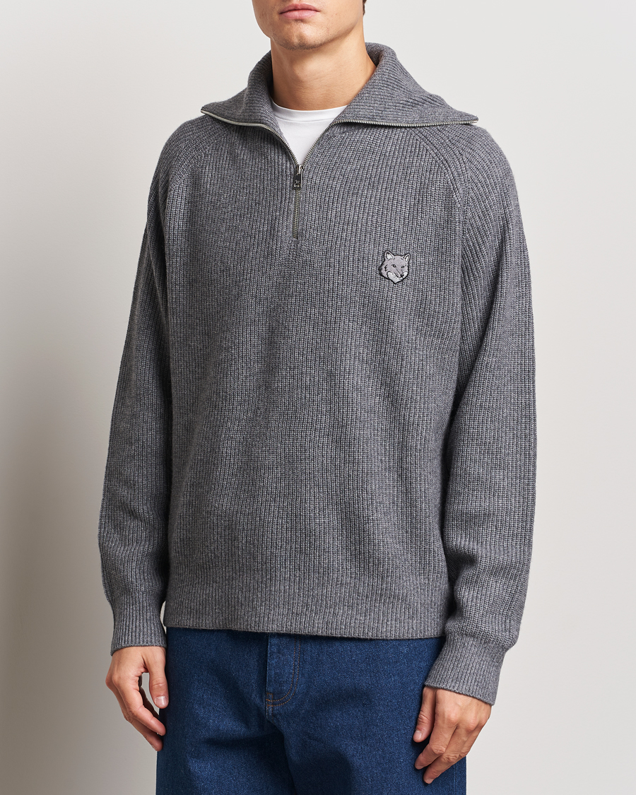 Homme |  | Maison Kitsuné | Bold Fox Rib Knitted Half Zip Medium Grey Melange