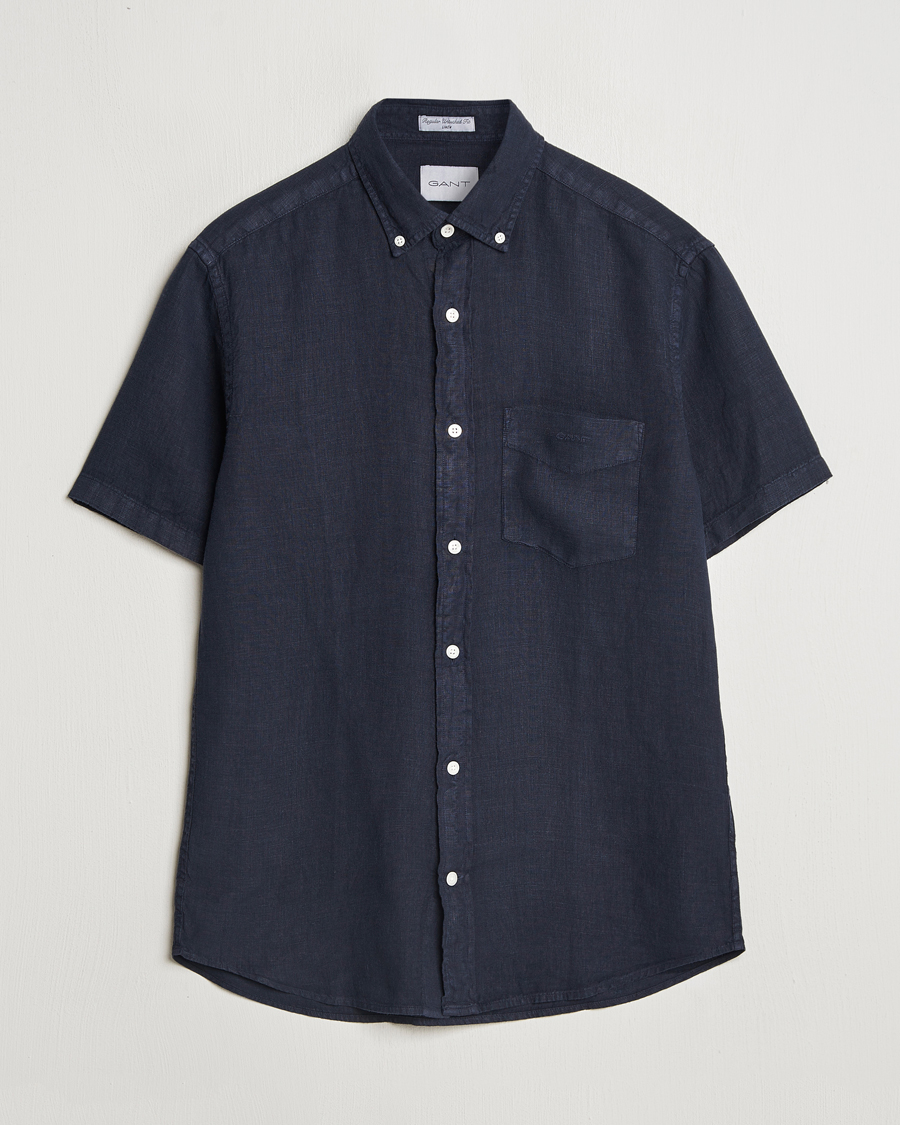 Homme | Chemises | GANT | Regular Fit Garment Dyed Short Sleeve Linen Shirt Evening Blue