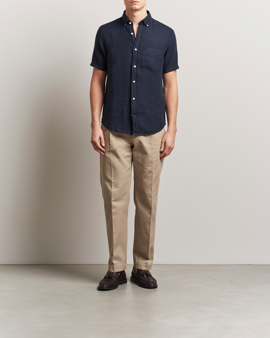 Homme | Chemises | GANT | Regular Fit Garment Dyed Short Sleeve Linen Shirt Evening Blue