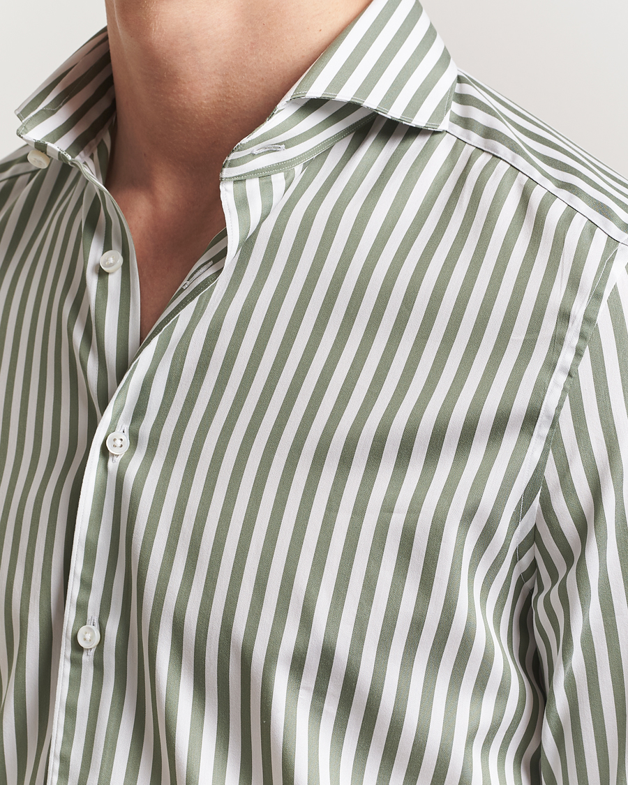 Homme | Chemises | Stenströms | 1899 Slimline Striped Cotton/Silk Shirt Green