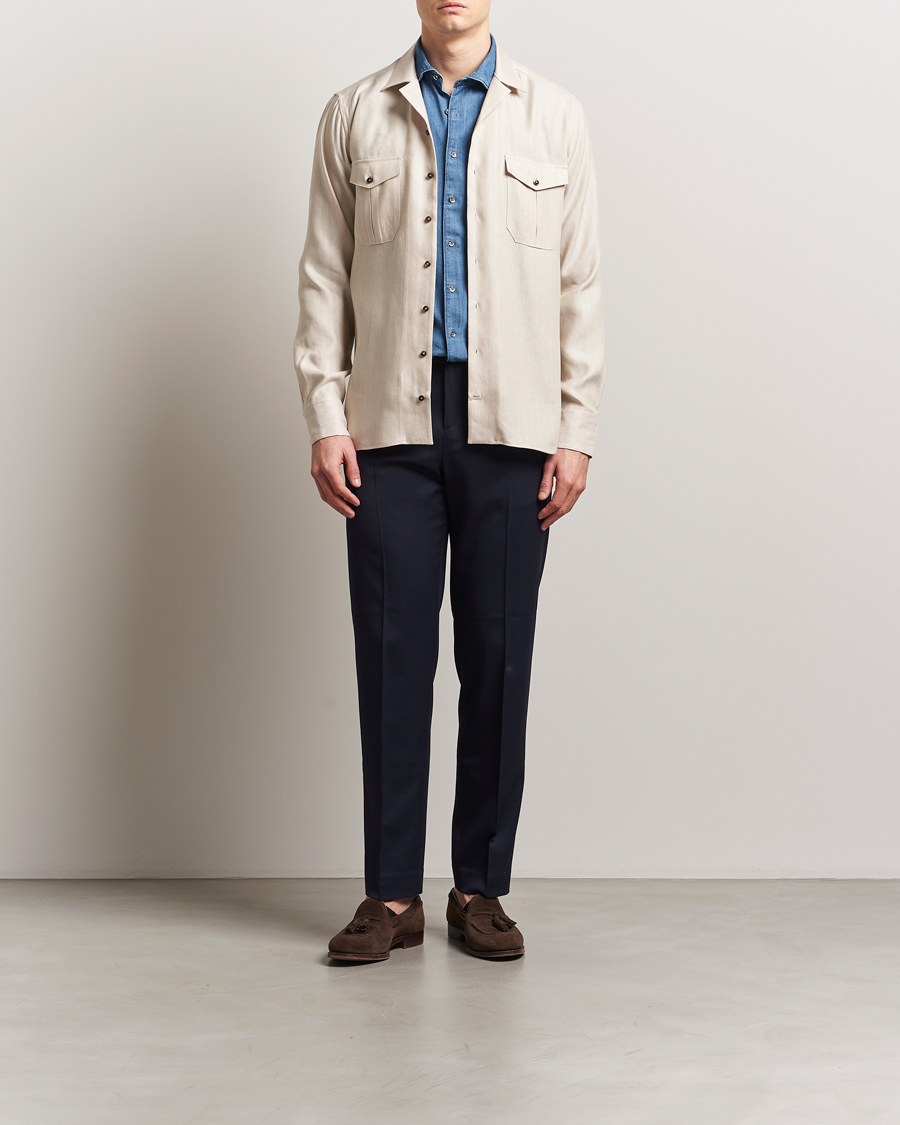 Homme | Chemises | Stenströms | Cotton/Lyocel Herringbone Overshirt Beige