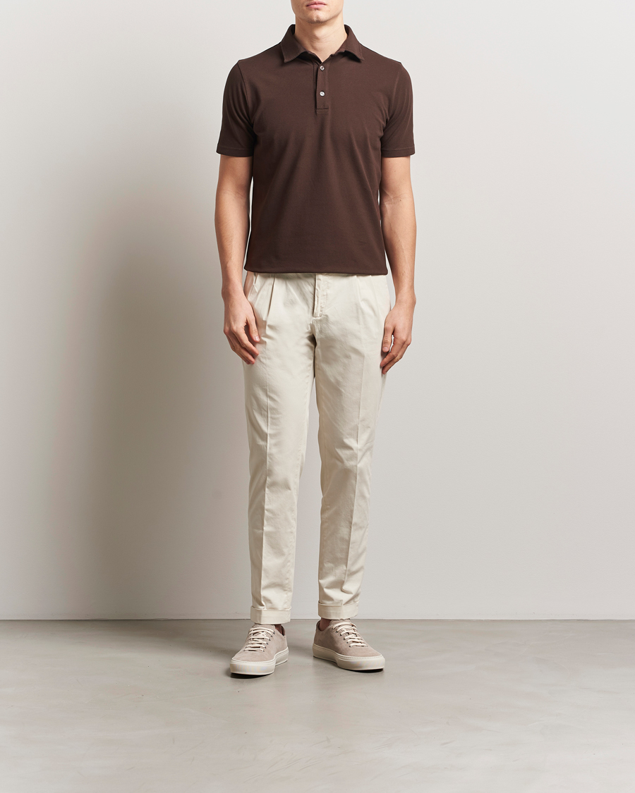 Homme | Polos | Zanone | Soft Cotton Piquet Polo Dark Brown