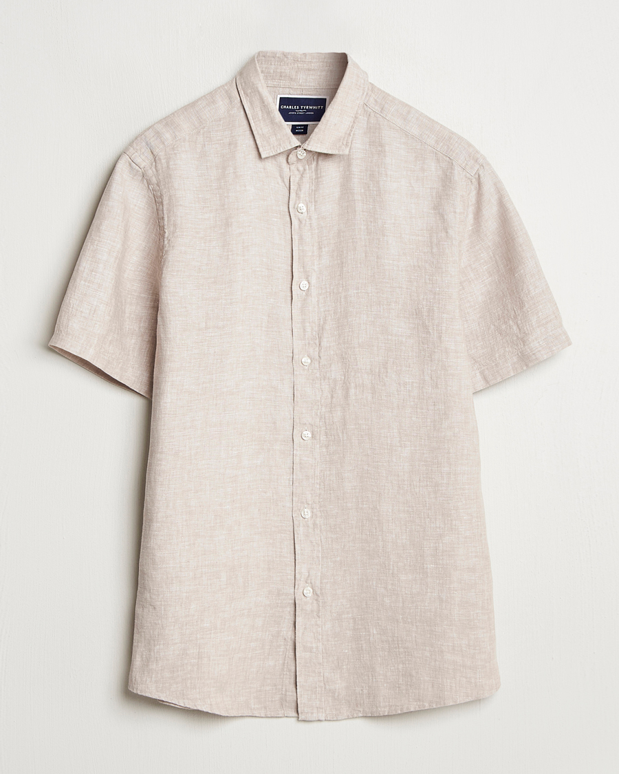Homme | Chemises | Charles Tyrwhitt | Pure Linen Short Sleeve Slim Fit Shirt Oatmeal