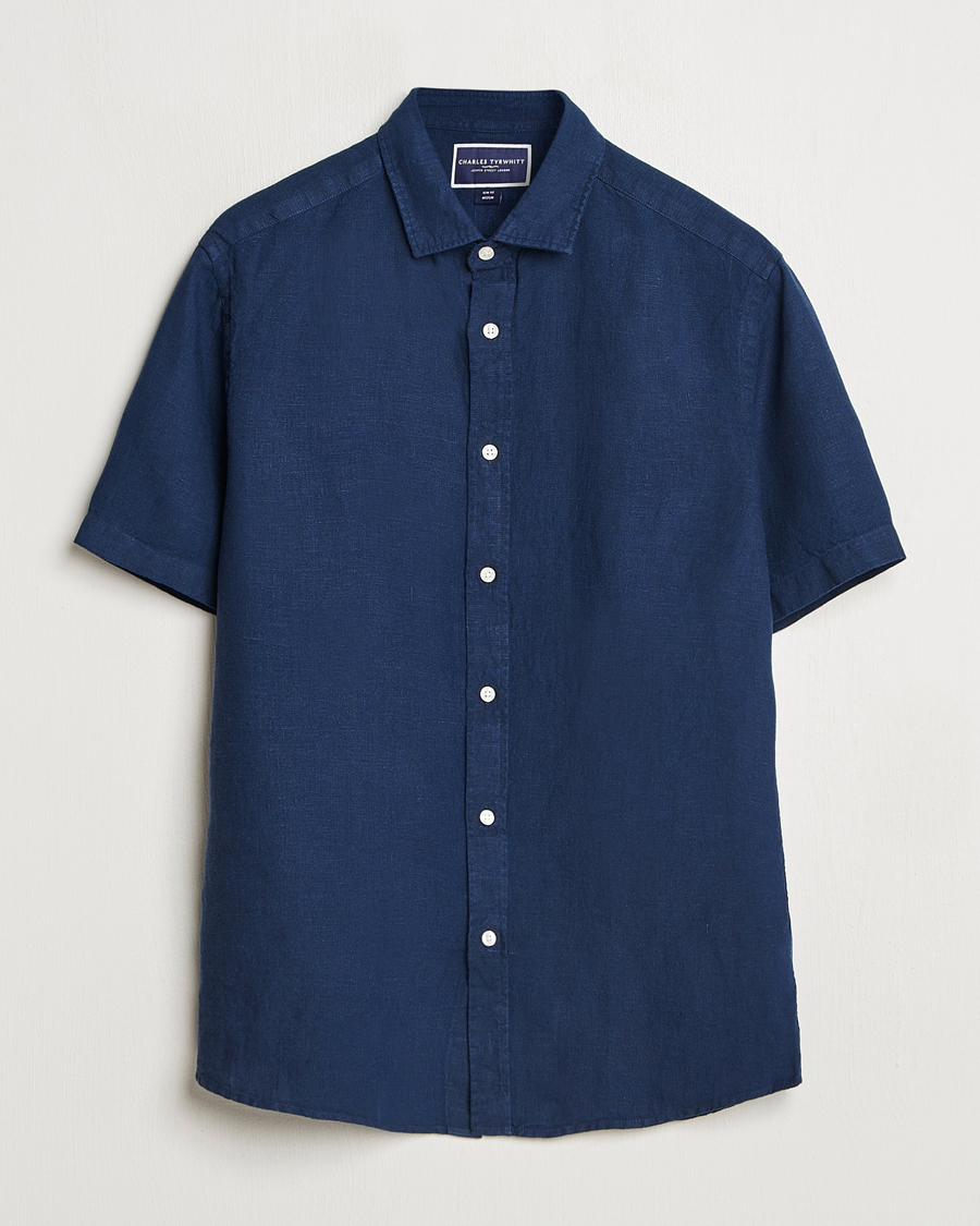 Homme | Chemises | Charles Tyrwhitt | Pure Linen Short Sleeve Slim Fit Shirt Navy