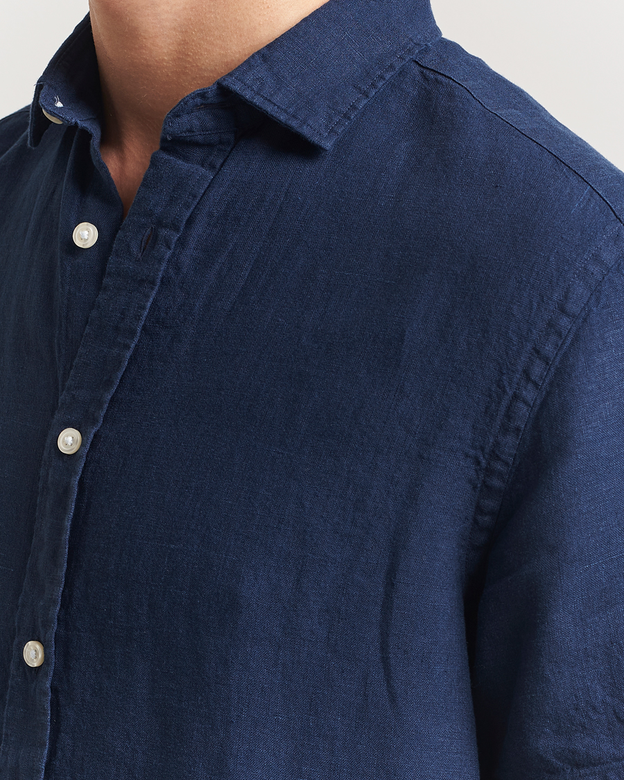 Homme | Chemises | Charles Tyrwhitt | Pure Linen Short Sleeve Slim Fit Shirt Navy