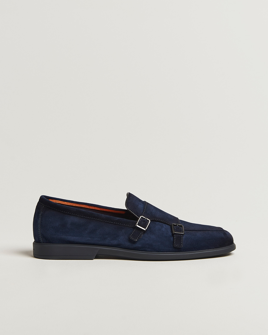 Homme | Santoni Malibu Double Buckle Loafers Navy Suede | Santoni | Malibu Double Buckle Loafers Navy Suede