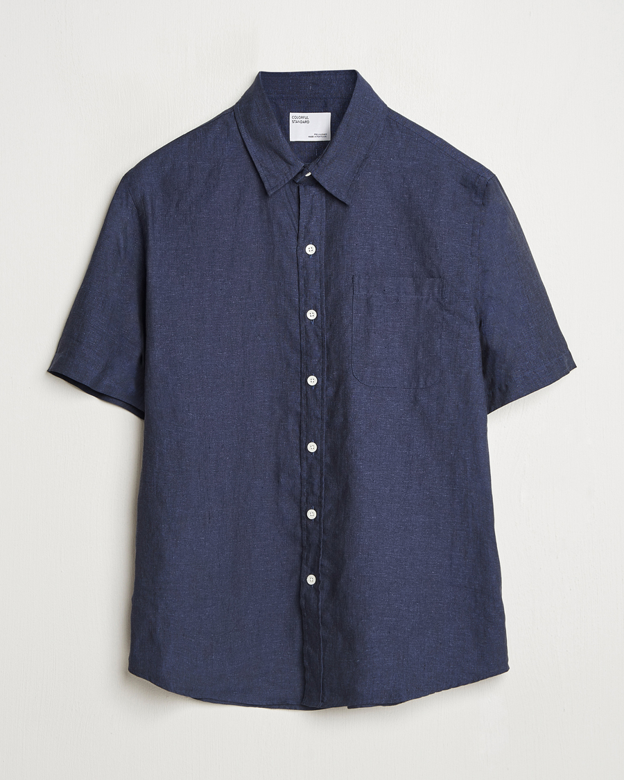 Homme | Chemises | Colorful Standard | Garment Dyed Linen Short Sleeve Shirt Navy Blue