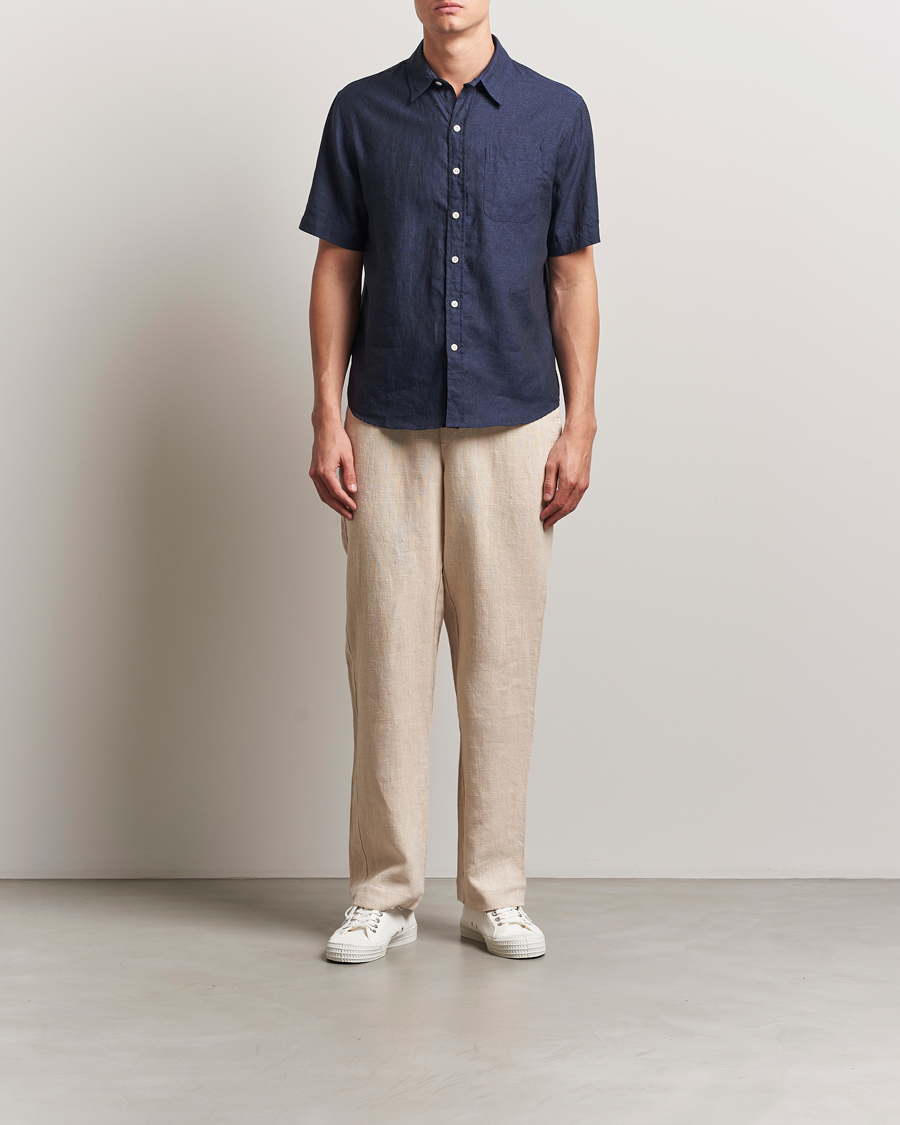 Homme | Chemises | Colorful Standard | Garment Dyed Linen Short Sleeve Shirt Navy Blue