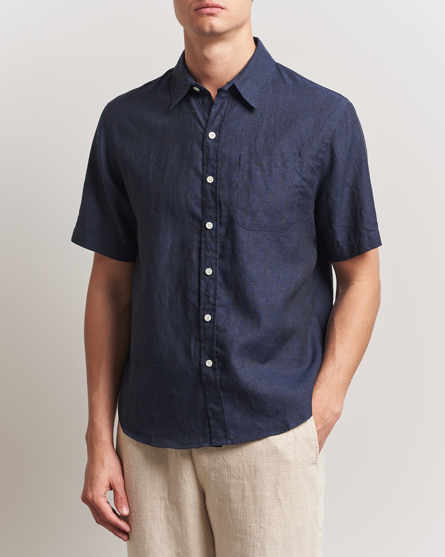 Homme | Chemises | Colorful Standard | Garment Dyed Linen Short Sleeve Shirt Navy Blue