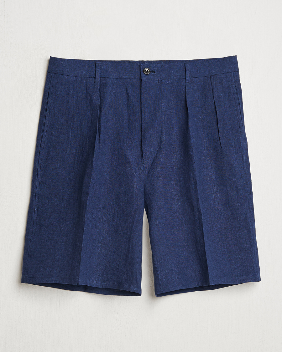 Homme | Shorts | Kamakura Shirts | Pleated Linen Shorts Navy